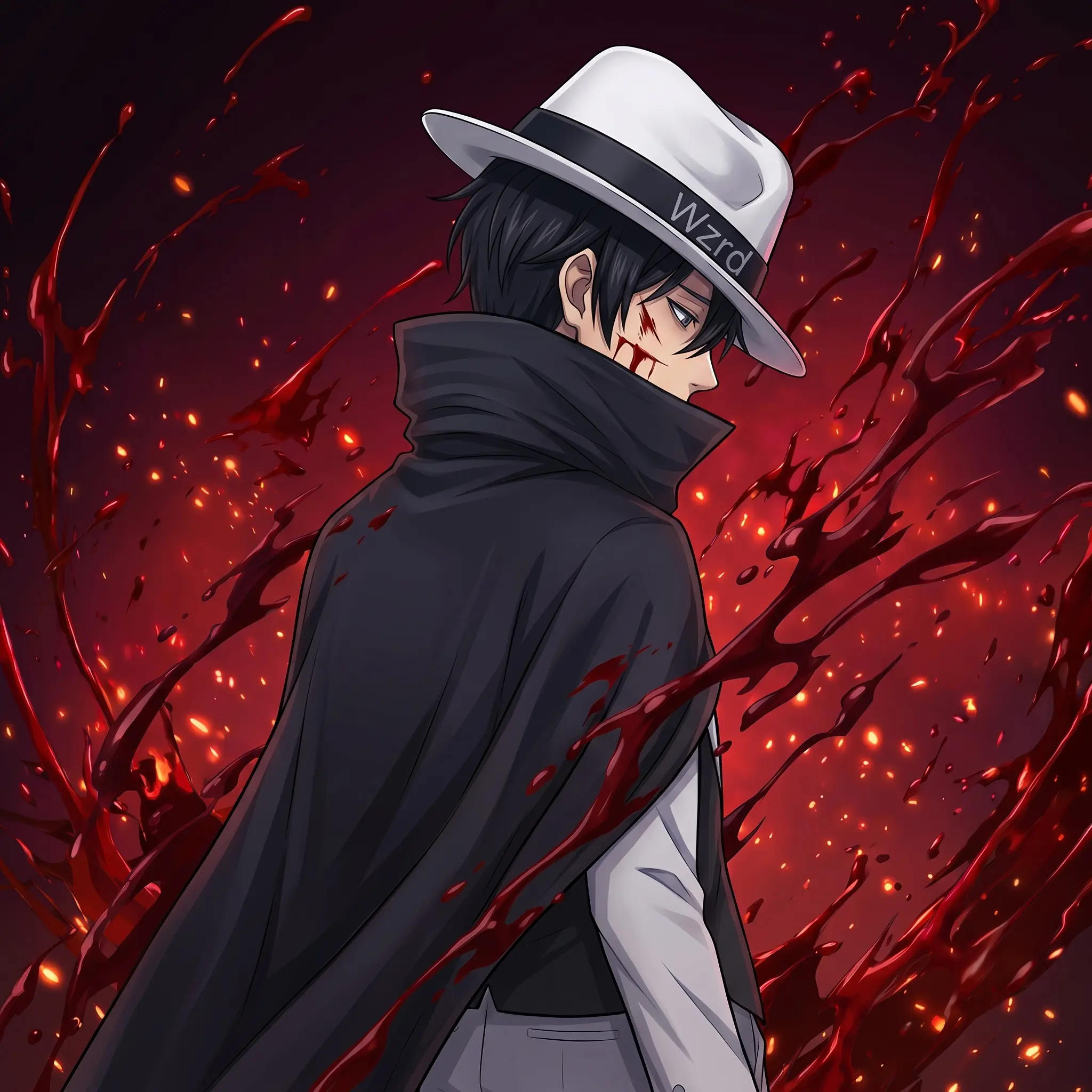 Anime-style character looking over his shoulder, wearing a white Wzrd hat and dark cape against red splashes and glowing embers.