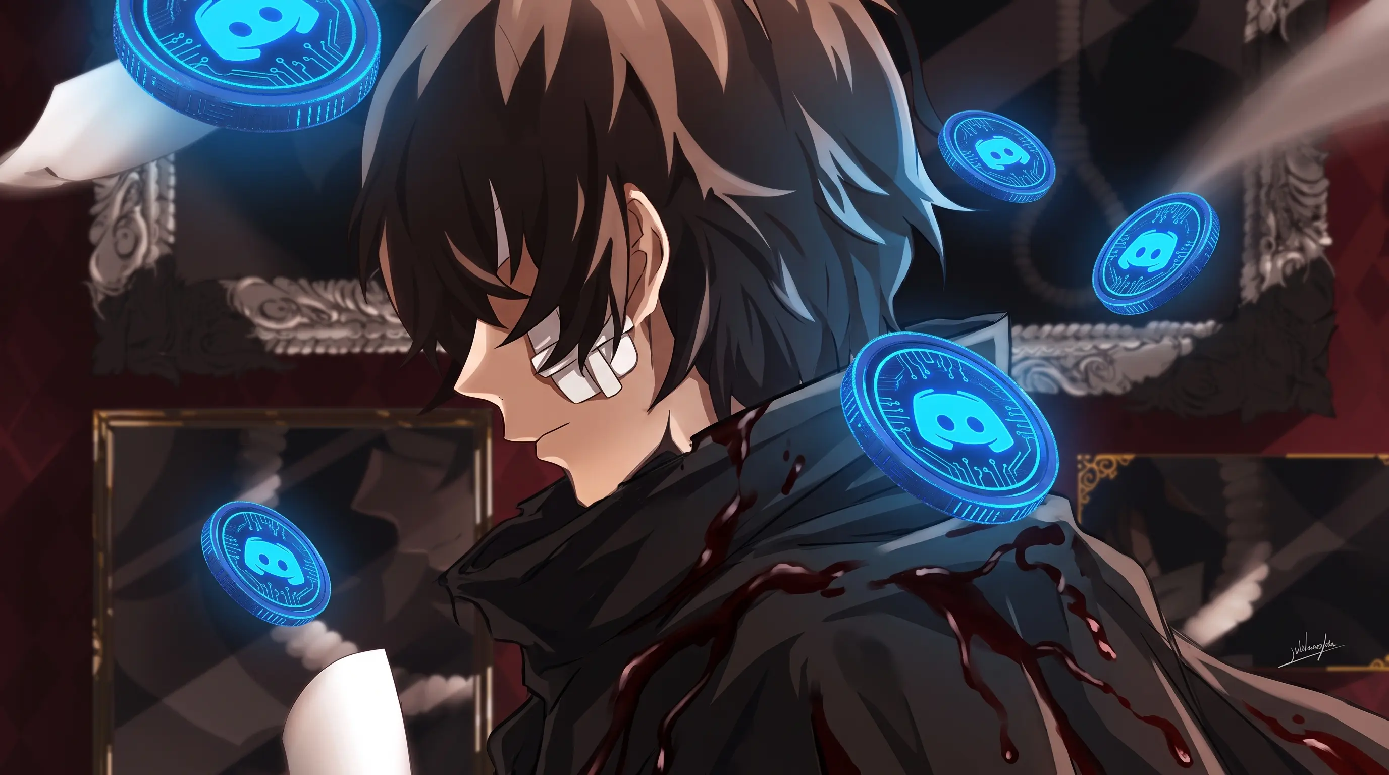 Anime-style close-up of a dark-haired character with a cheek bandage and black cape, surrounded by floating blue coins bearing the Discord logo.
