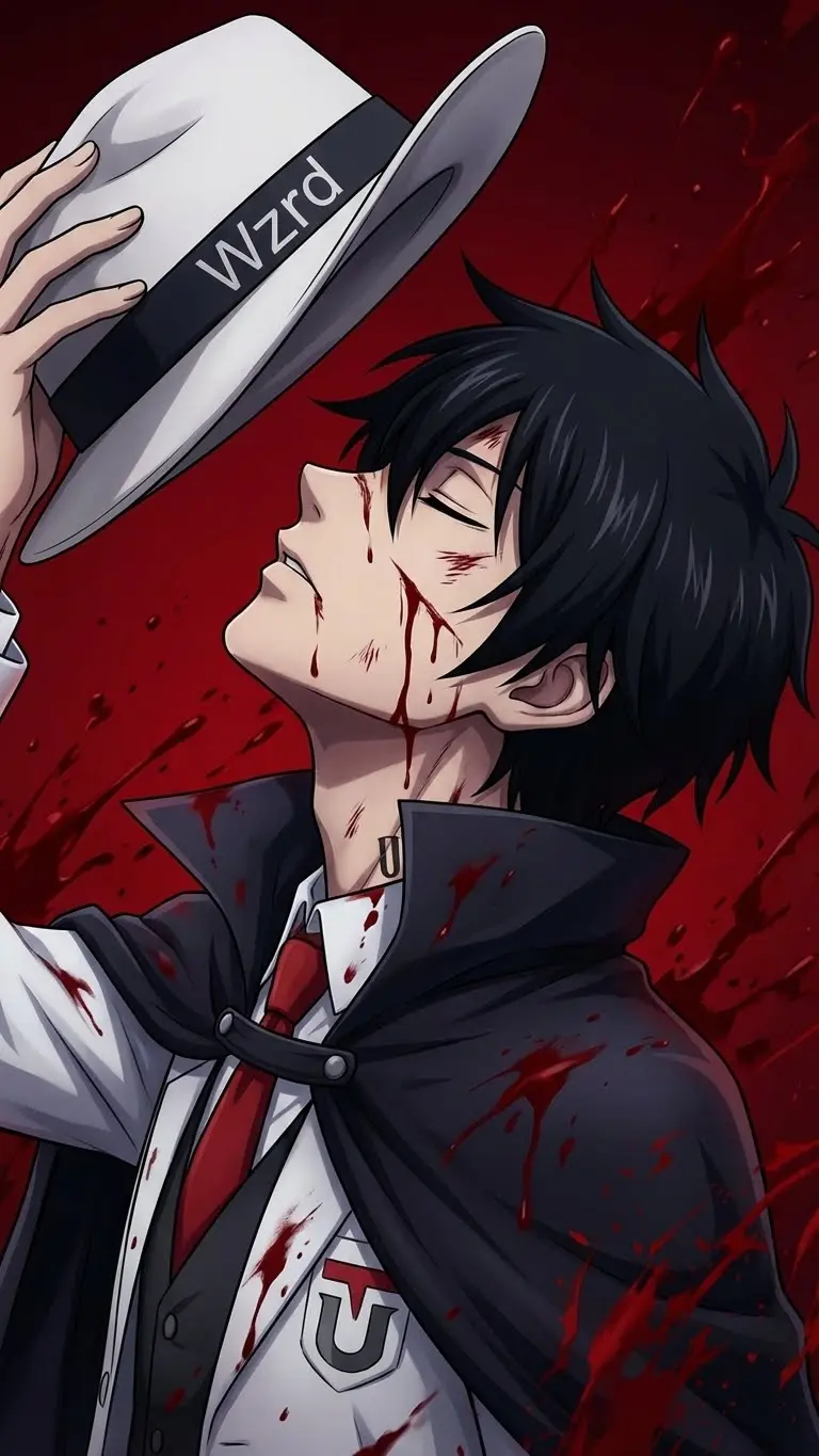 Close-up anime-style portrait of a black-haired character with closed eyes, lifting a white Wzrd hat above a dark cape and red tie.