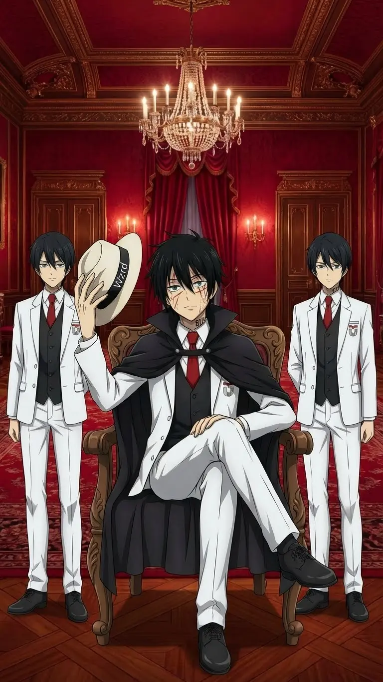 Three anime-style characters in white suits and red ties in a red and gold room; the central figure sits in a carved chair holding a white hat.